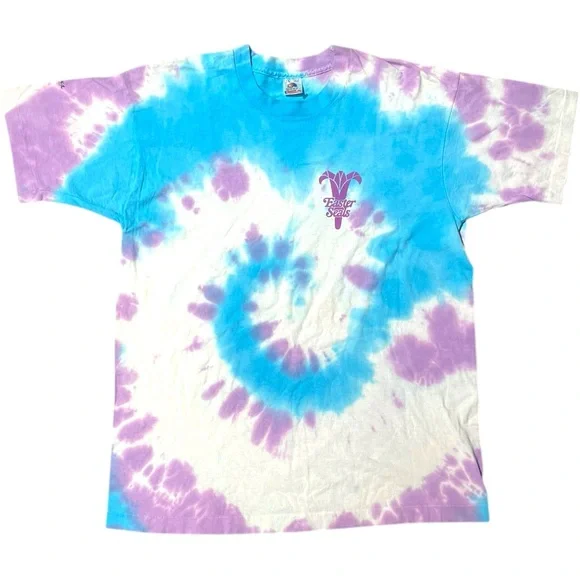VINTAGE 90s TIE-DYED BLUE PURPLE VOLLEYBALL EASTER SEALS SINGLE STITCH TEE XL - Picture 4 of 10